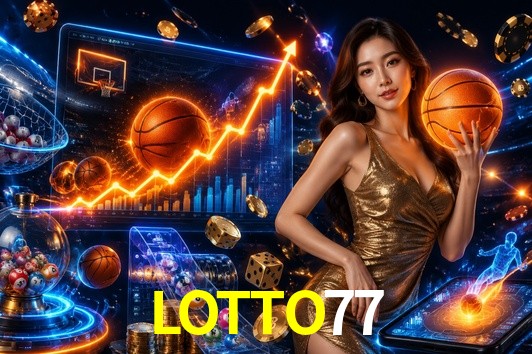 Una escena digital vívida inspirada en casino con LOTTO77 mostrado prominentemente, luces brillantes, fichas, cartas y acentos dorados.