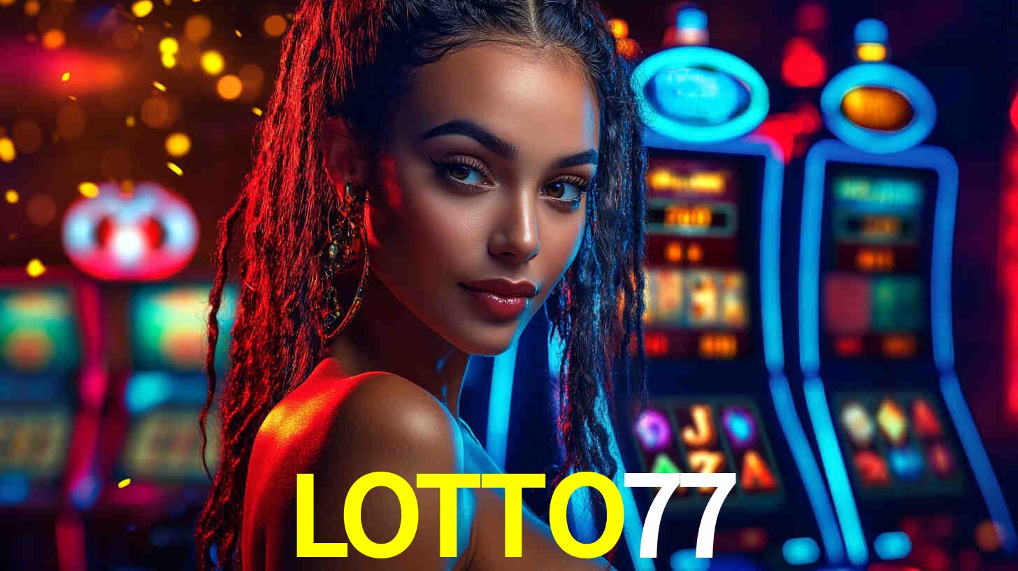 Escena dinámica inspirada en casino con iluminación LOTTO77, cartas, fichas e íconos de juegos digitales en un espacio moderno de juegos.