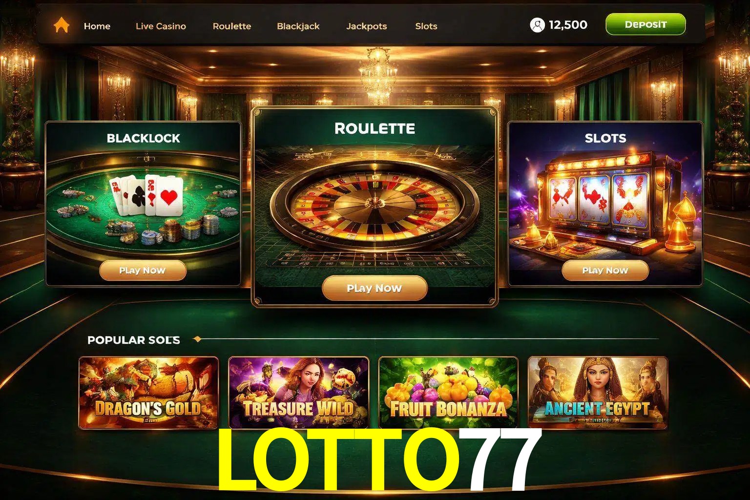Vista de la plataforma LOTTO77 Casino mostrando categorías organizadas de juegos en línea